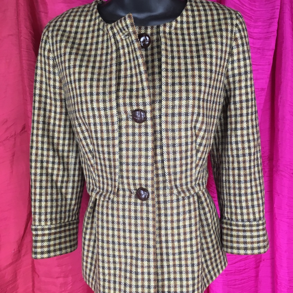 Talbots brown plaid peplum style jacket size 4